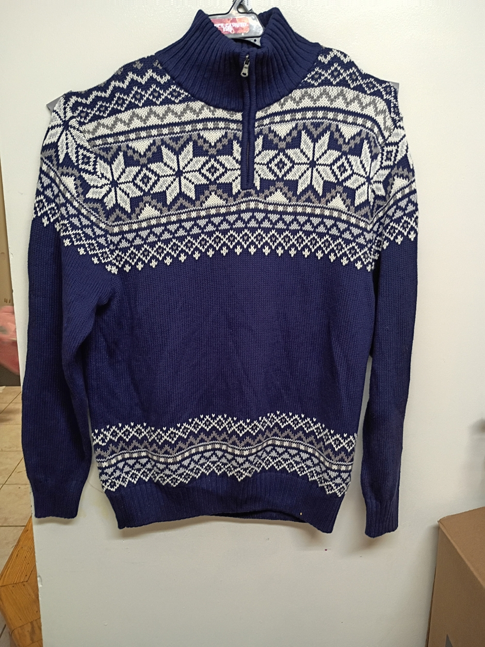 Magaschoni Navy and White Fair Isle Zip Mock Neck Sweater